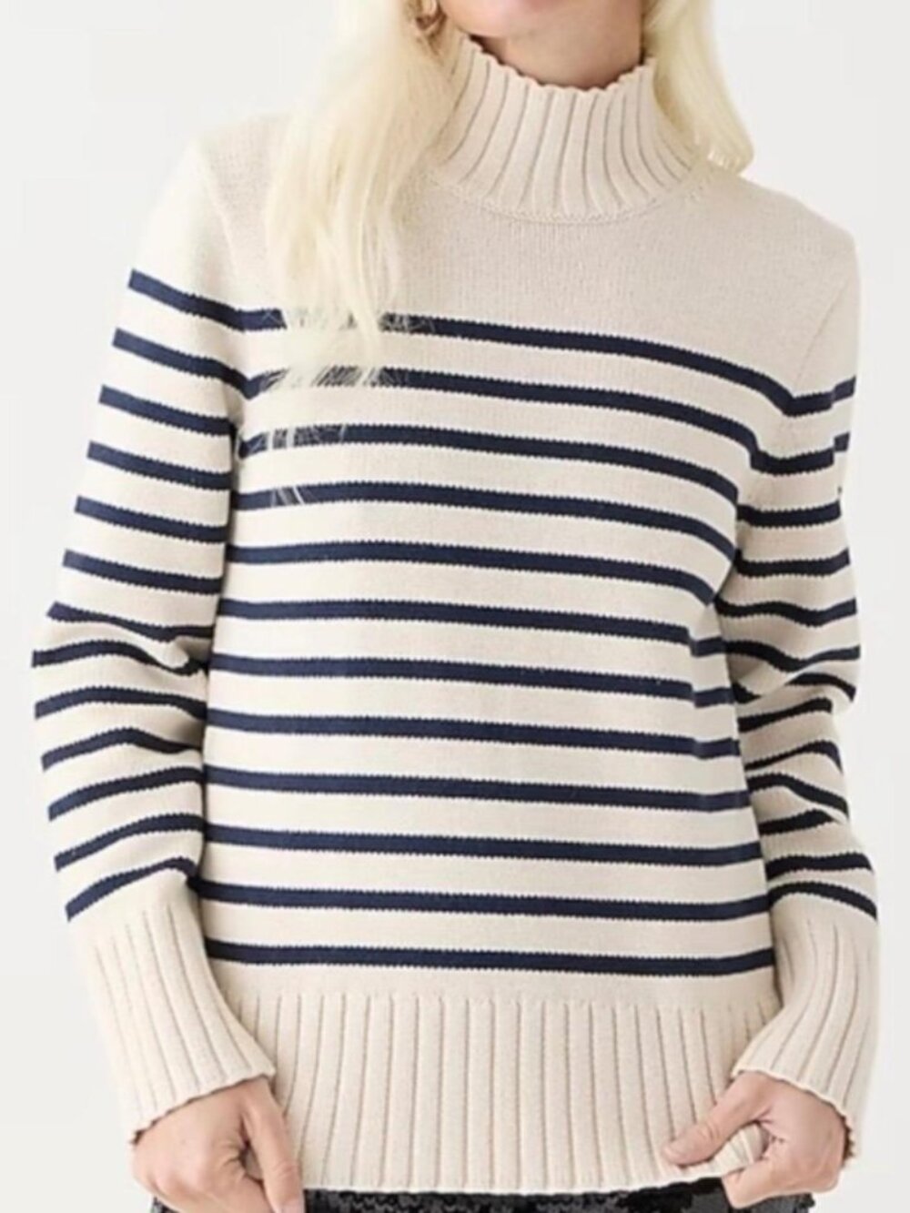 Like New!  JCrew Cream & Navy Striped Women's Turtleneck Fisherman Sweater